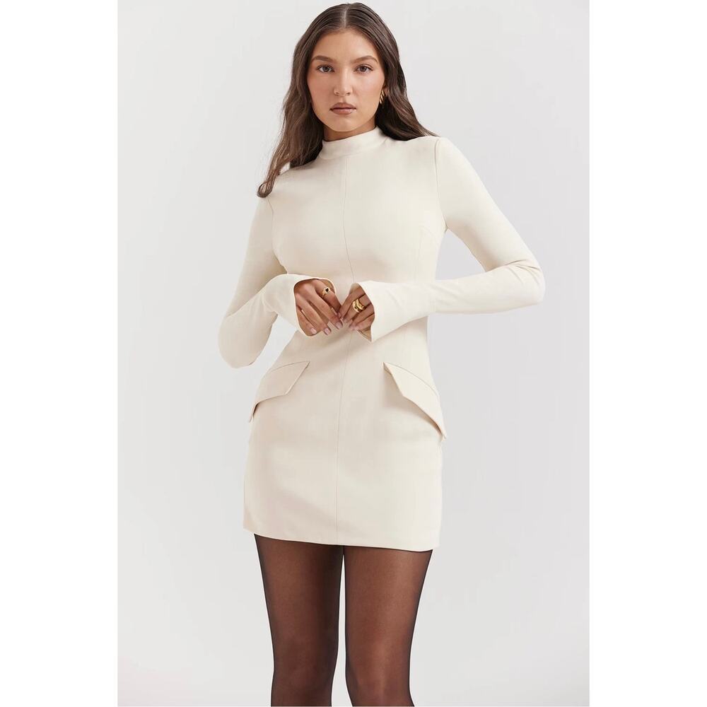 HOUSE OF CB Mahalia High Neck Long Sleeve Minidress Cream Size Medium Tall - Picture 4 of 16